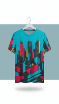Electric cyan urban motif shirt