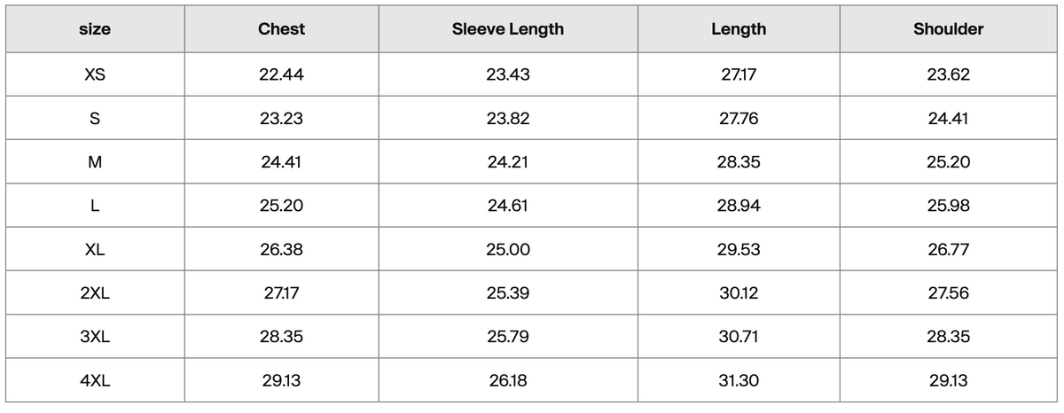 A size chart table with columns for size, chest, sleeve length, length, and shoulder, showing sizes XS through 4XL with corresponding measurements.